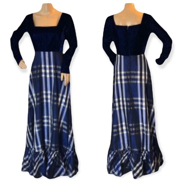 Neiman Marcus Vintage 1960s Velvet & Plaid Victorian Maxi Dress Small - Picture 1 of 10